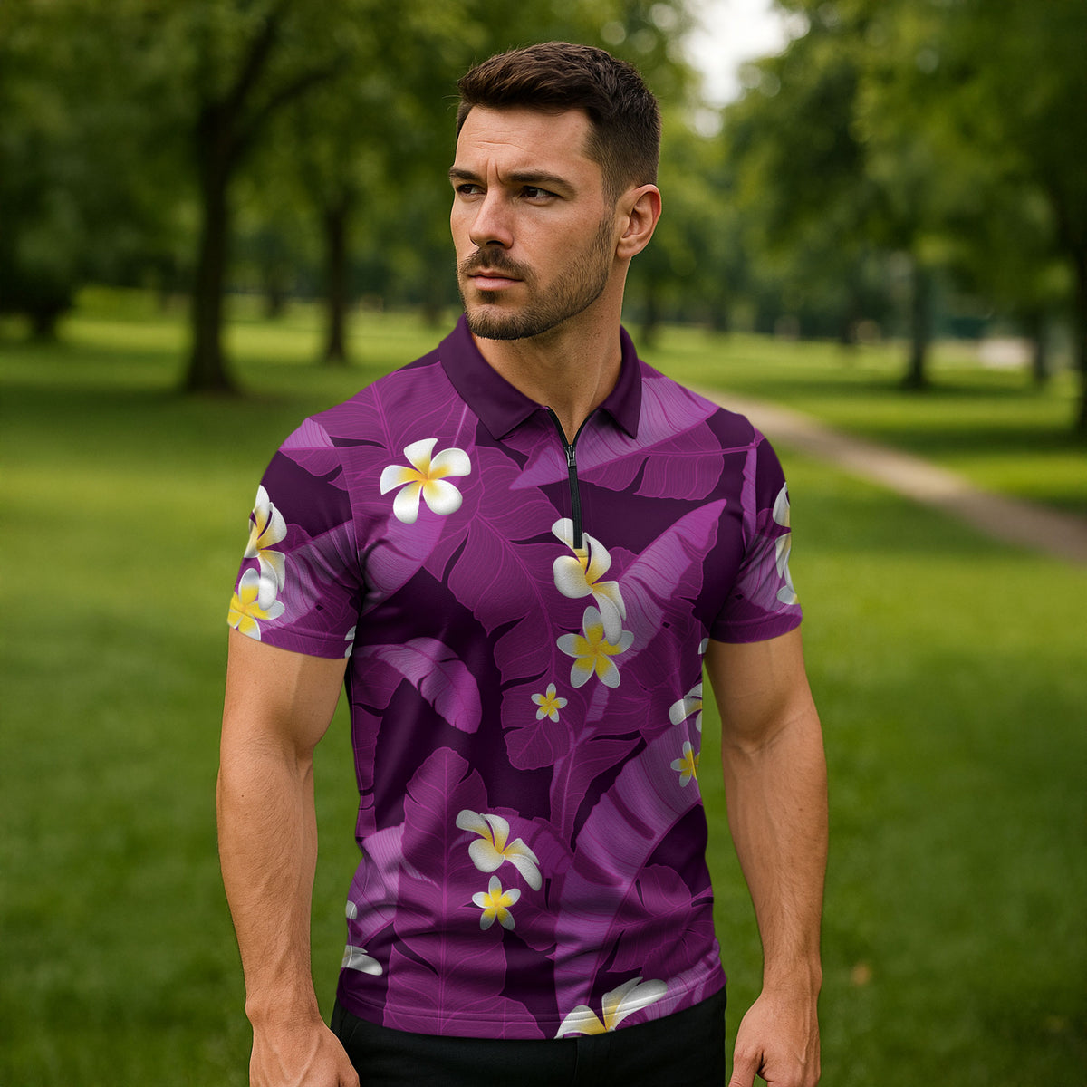 Purple Banana Leaf Hawaii Zipper Polo Shirt Lau Maia Plumeria Tropical Summer Vibes