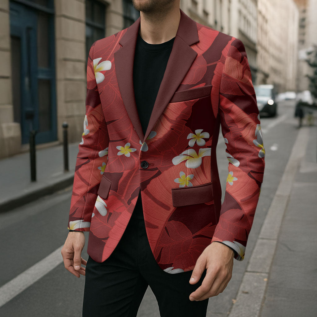 Red Banana Leaf Hawaii Blazer Lau Maia Plumeria Tropical Summer Vibes