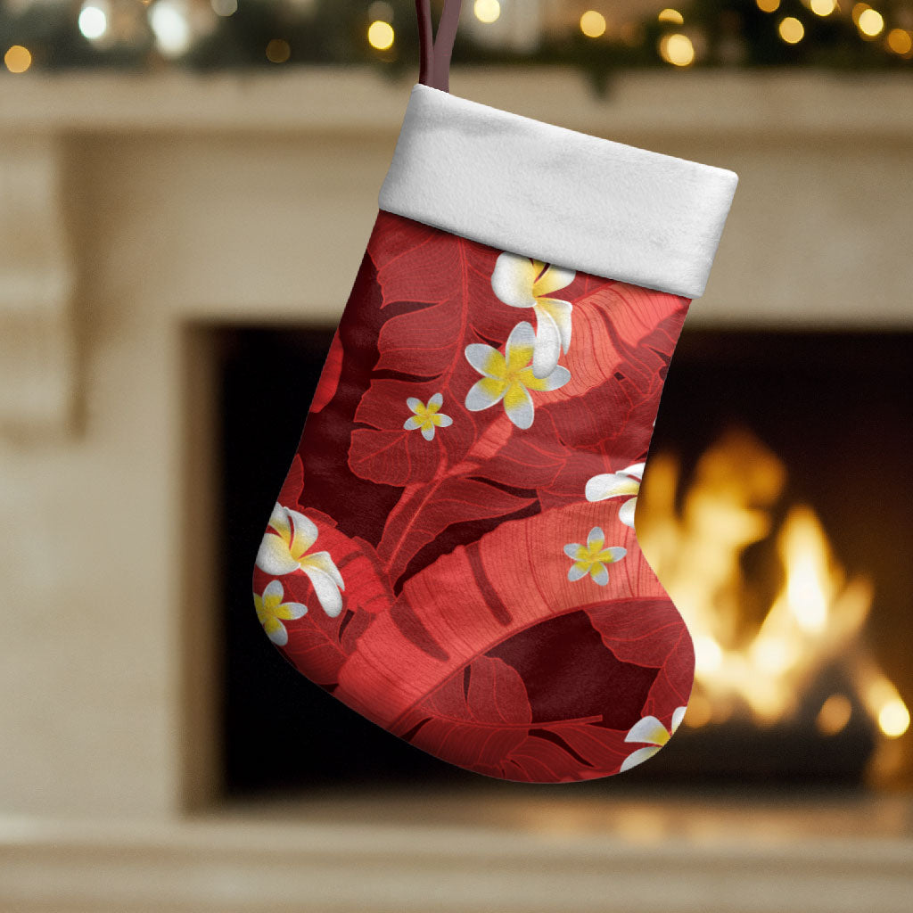 Red Banana Leaf Hawaii Christmas Stocking Lau Maia Plumeria Tropical Summer Vibes LT14 Set of 2 Red - Polynesian Pride