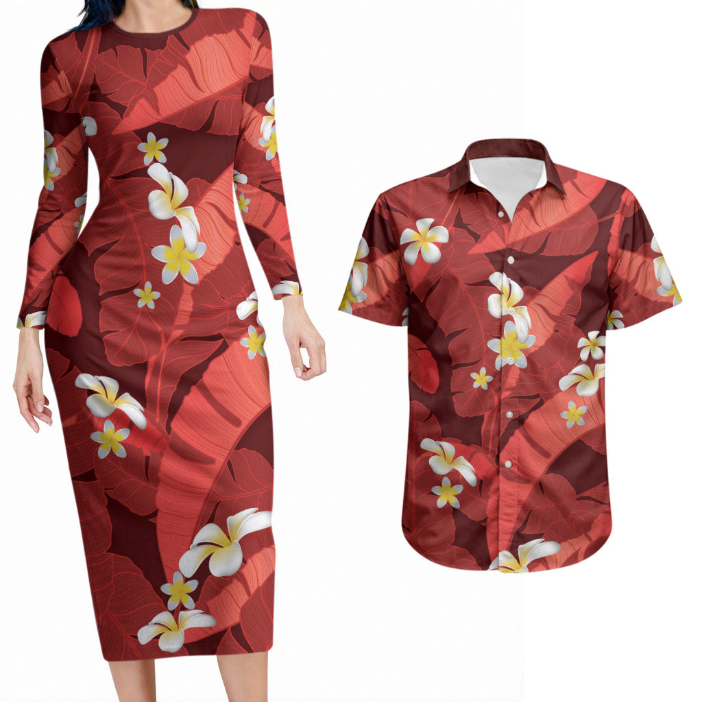 Red Banana Leaf Hawaii Couples Matching Long Sleeve Bodycon Dress and Hawaiian Shirt Lau Maia Plumeria Tropical Summer Vibes