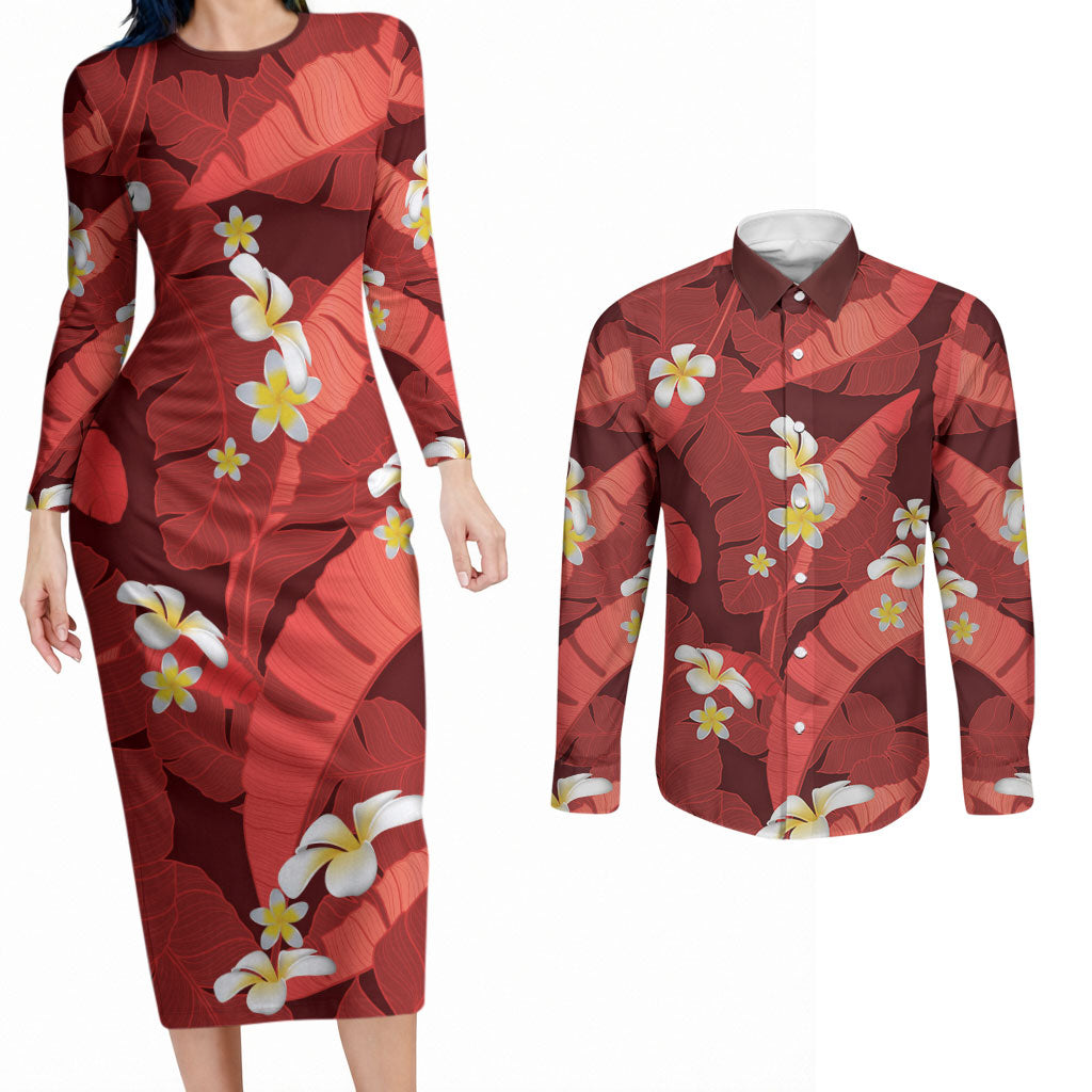 Red Banana Leaf Hawaii Couples Matching Long Sleeve Bodycon Dress and Long Sleeve Button Shirt Lau Maia Plumeria Tropical Summer Vibes