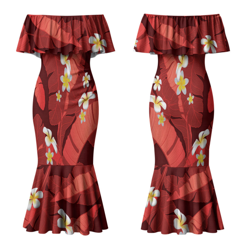 Red Banana Leaf Hawaii Couples Matching Mermaid Dress and Long Sleeve Button Shirt Lau Maia Plumeria Tropical Summer Vibes