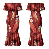 Red Banana Leaf Hawaii Couples Matching Mermaid Dress and Long Sleeve Button Shirt Lau Maia Plumeria Tropical Summer Vibes