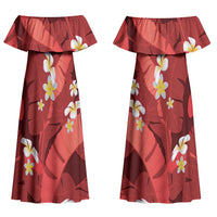 Red Banana Leaf Hawaii Couples Matching Off Shoulder Maxi Dress and Hawaiian Shirt Lau Maia Plumeria Tropical Summer Vibes