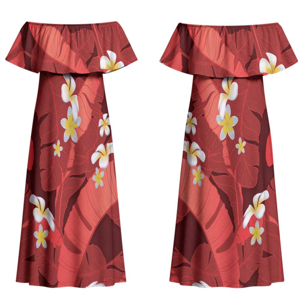 Red Banana Leaf Hawaii Couples Matching Off Shoulder Maxi Dress and Long Sleeve Button Shirt Lau Maia Plumeria Tropical Summer Vibes