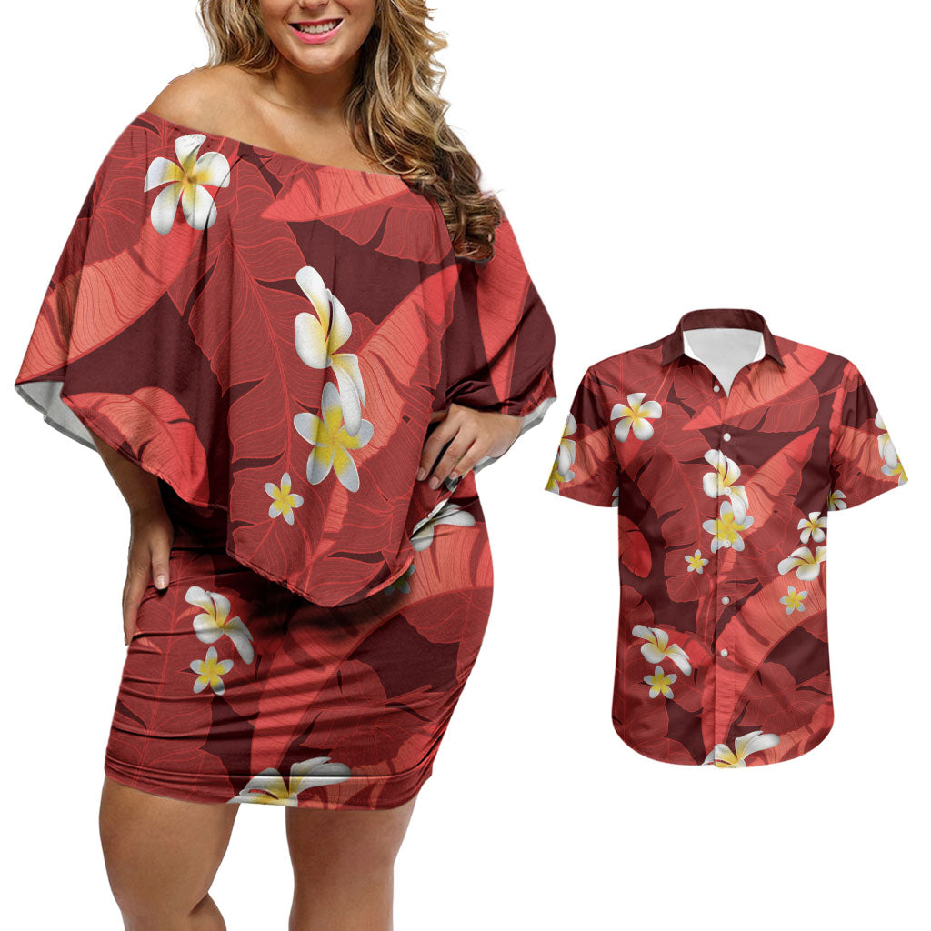 Red Banana Leaf Hawaii Couples Matching Off Shoulder Short Dress and Hawaiian Shirt Lau Maia Plumeria Tropical Summer Vibes