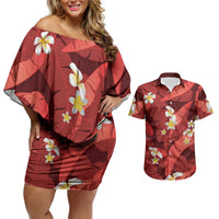 Red Banana Leaf Hawaii Couples Matching Off Shoulder Short Dress and Hawaiian Shirt Lau Maia Plumeria Tropical Summer Vibes