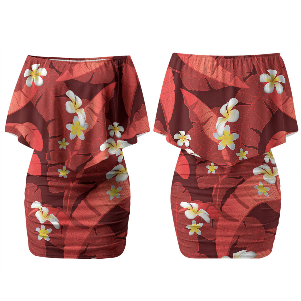 Red Banana Leaf Hawaii Couples Matching Off Shoulder Short Dress and Hawaiian Shirt Lau Maia Plumeria Tropical Summer Vibes