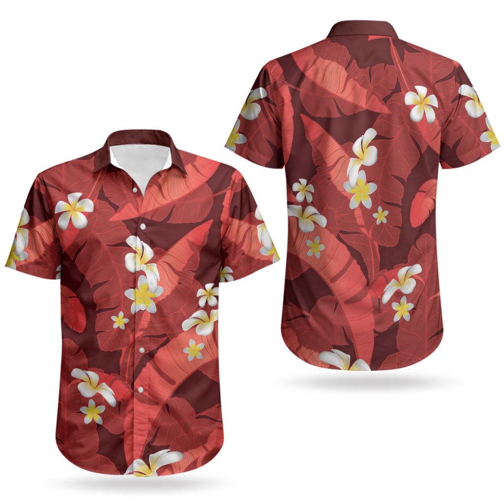 Red Banana Leaf Hawaii Couples Matching Off The Shoulder Long Sleeve Dress and Hawaiian Shirt Lau Maia Plumeria Tropical Summer Vibes