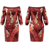 Red Banana Leaf Hawaii Couples Matching Off The Shoulder Long Sleeve Dress and Hawaiian Shirt Lau Maia Plumeria Tropical Summer Vibes