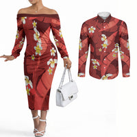Red Banana Leaf Hawaii Couples Matching Off The Shoulder Long Sleeve Dress and Long Sleeve Button Shirt Lau Maia Plumeria Tropical Summer Vibes