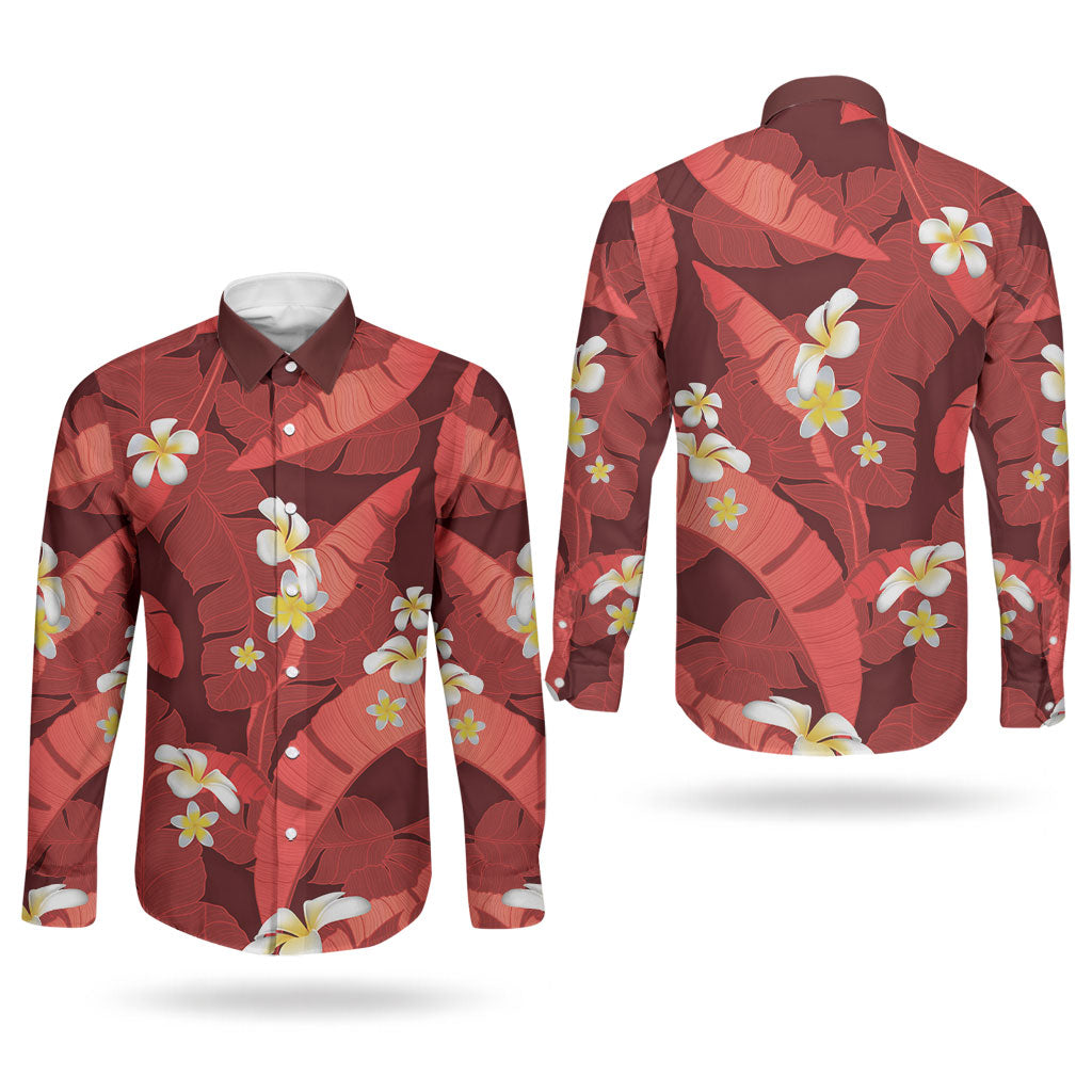 Red Banana Leaf Hawaii Couples Matching Off The Shoulder Long Sleeve Dress and Long Sleeve Button Shirt Lau Maia Plumeria Tropical Summer Vibes