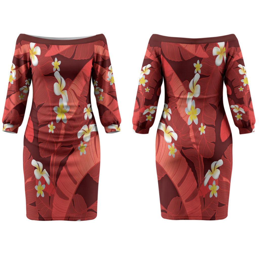 Red Banana Leaf Hawaii Couples Matching Off The Shoulder Long Sleeve Dress and Long Sleeve Button Shirt Lau Maia Plumeria Tropical Summer Vibes