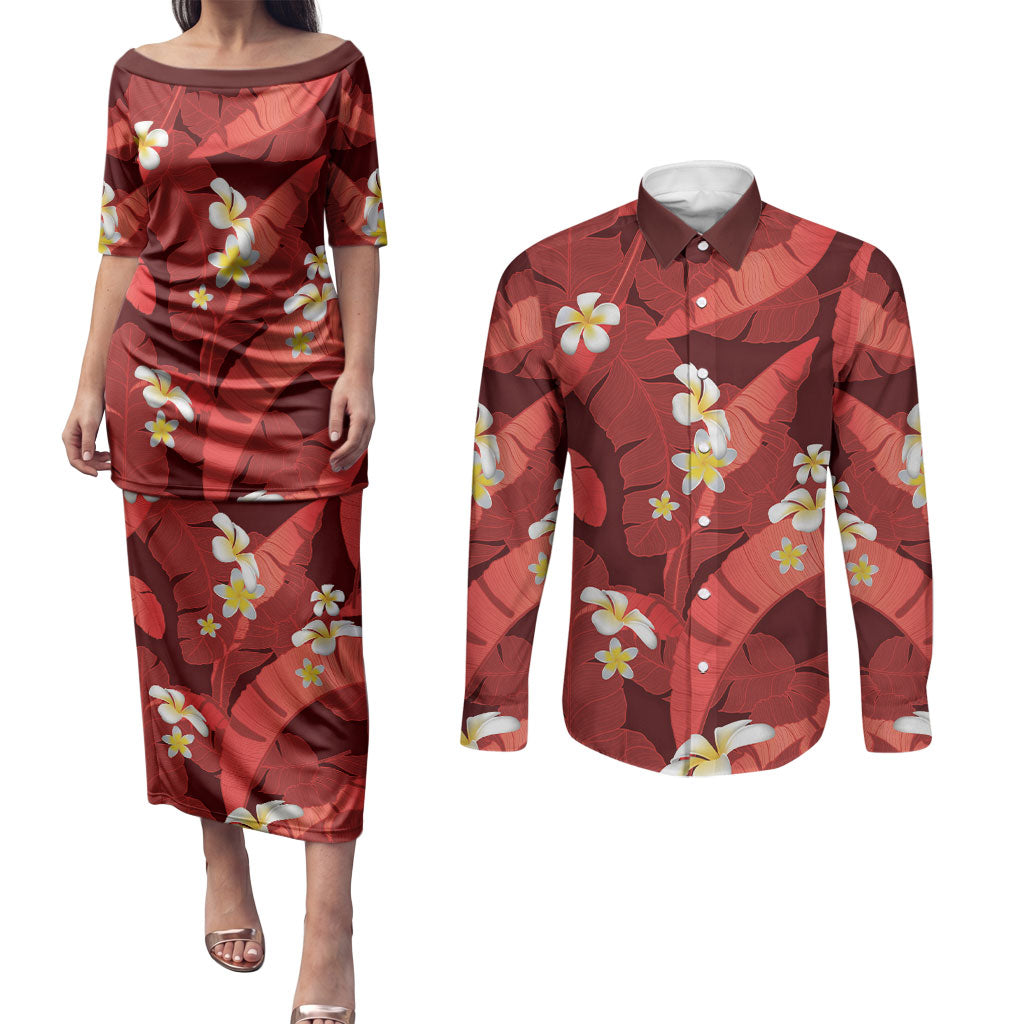 Red Banana Leaf Hawaii Couples Matching Puletasi and Long Sleeve Button Shirt Lau Maia Plumeria Tropical Summer Vibes