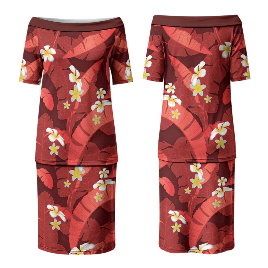 Red Banana Leaf Hawaii Couples Matching Puletasi and Long Sleeve Button Shirt Lau Maia Plumeria Tropical Summer Vibes