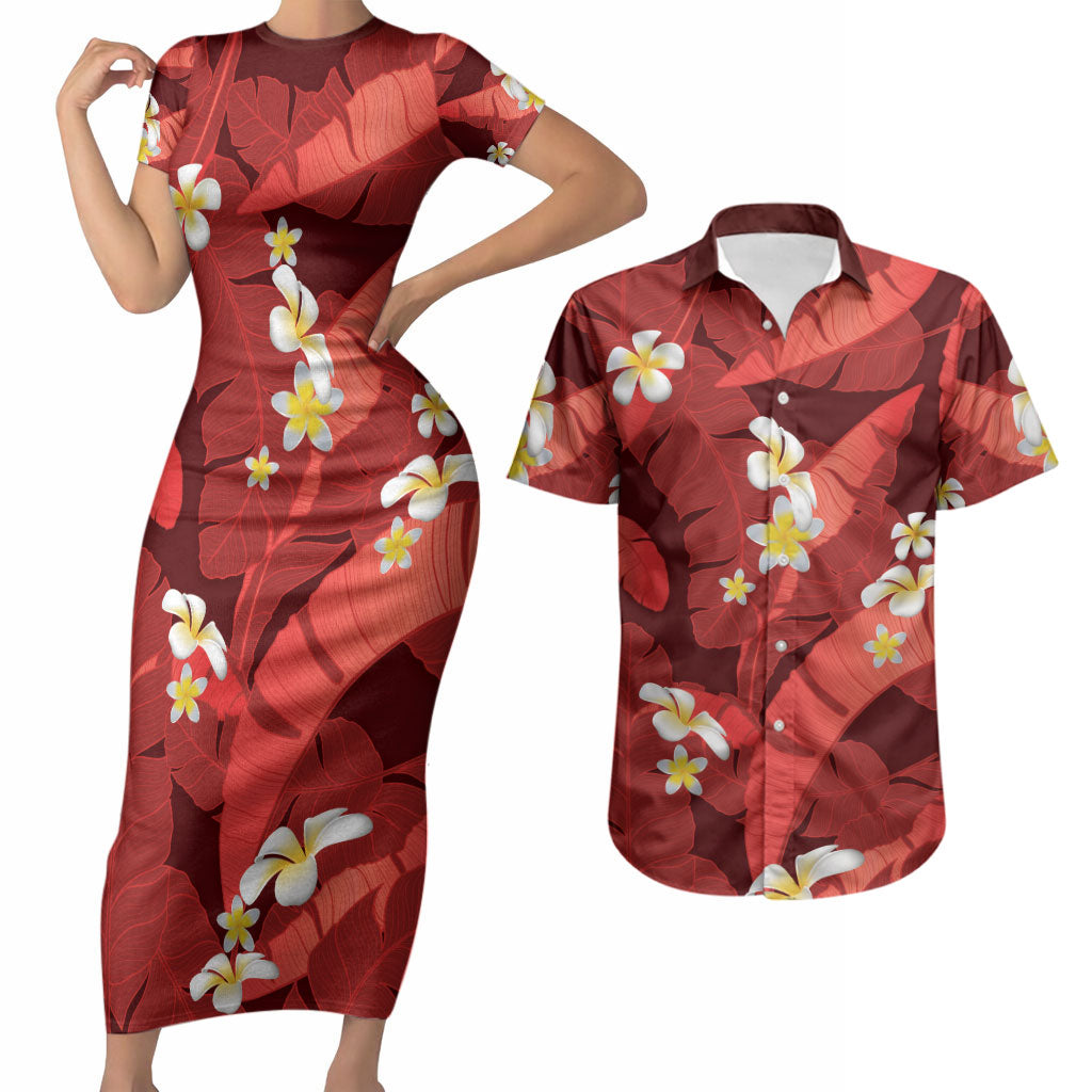 Red Banana Leaf Hawaii Couples Matching Short Sleeve Bodycon Dress and Hawaiian Shirt Lau Maia Plumeria Tropical Summer Vibes LT14 Red - Polynesian Pride