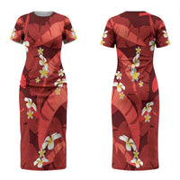Red Banana Leaf Hawaii Couples Matching Short Sleeve Bodycon Dress and Hawaiian Shirt Lau Maia Plumeria Tropical Summer Vibes