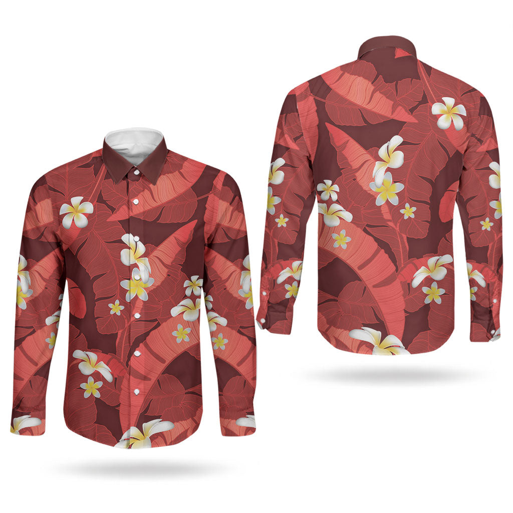 Red Banana Leaf Hawaii Couples Matching Short Sleeve Bodycon Dress and Long Sleeve Button Shirt Lau Maia Plumeria Tropical Summer Vibes