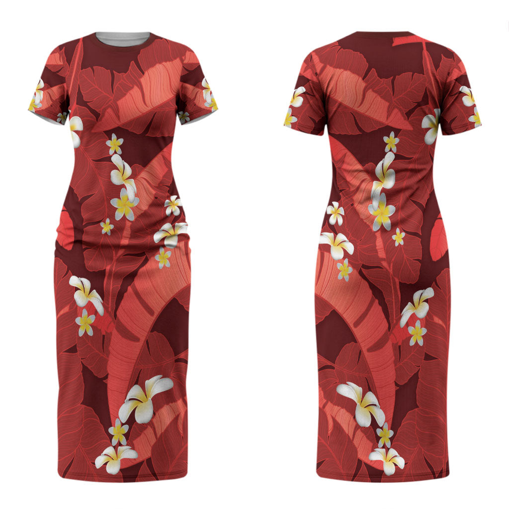 Red Banana Leaf Hawaii Couples Matching Short Sleeve Bodycon Dress and Long Sleeve Button Shirt Lau Maia Plumeria Tropical Summer Vibes