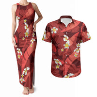 Red Banana Leaf Hawaii Couples Matching Tank Maxi Dress and Hawaiian Shirt Lau Maia Plumeria Tropical Summer Vibes