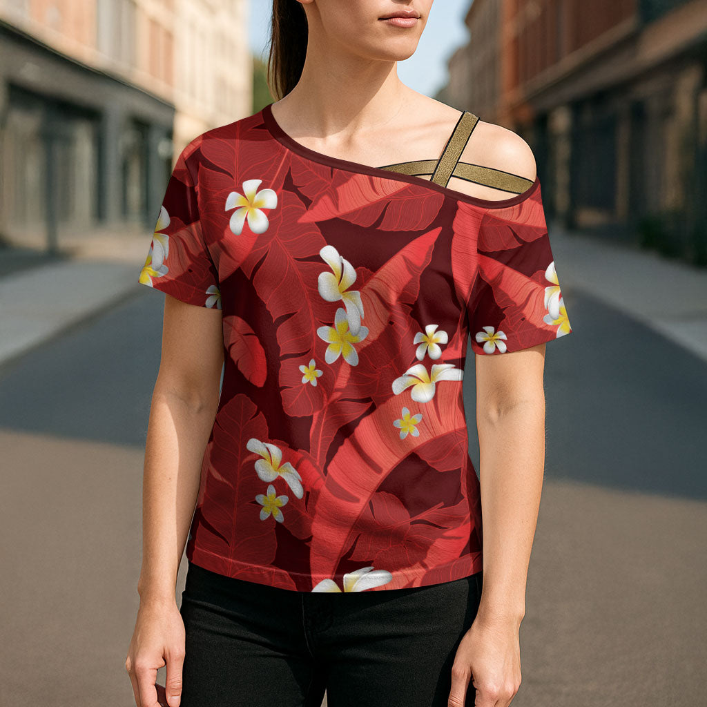 Red Banana Leaf Hawaii Cross Shoulder Shirt Lau Maia Plumeria Tropical Summer Vibes
