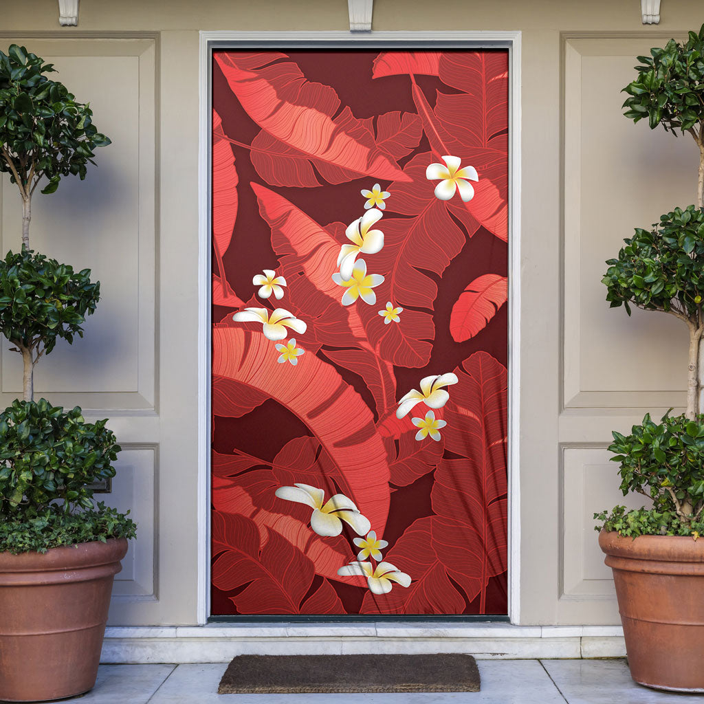 Red Banana Leaf Hawaii Door Cover Lau Maia Plumeria Tropical Summer Vibes