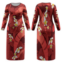 Red Banana Leaf Hawaii Family Matching Long Sleeve Bodycon Dress and Hawaiian Shirt Lau Maia Plumeria Tropical Summer Vibes
