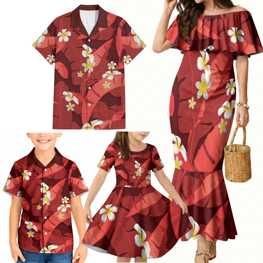Red Banana Leaf Hawaii Family Matching Mermaid Dress and Hawaiian Shirt Lau Maia Plumeria Tropical Summer Vibes