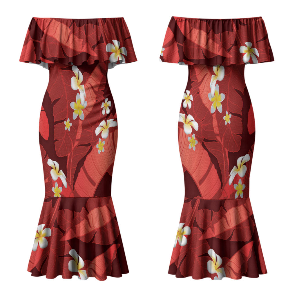 Red Banana Leaf Hawaii Family Matching Mermaid Dress and Hawaiian Shirt Lau Maia Plumeria Tropical Summer Vibes
