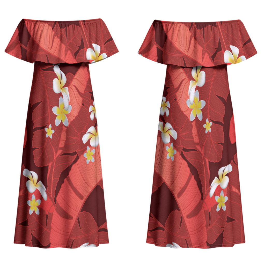 Red Banana Leaf Hawaii Family Matching Off Shoulder Maxi Dress and Hawaiian Shirt Lau Maia Plumeria Tropical Summer Vibes