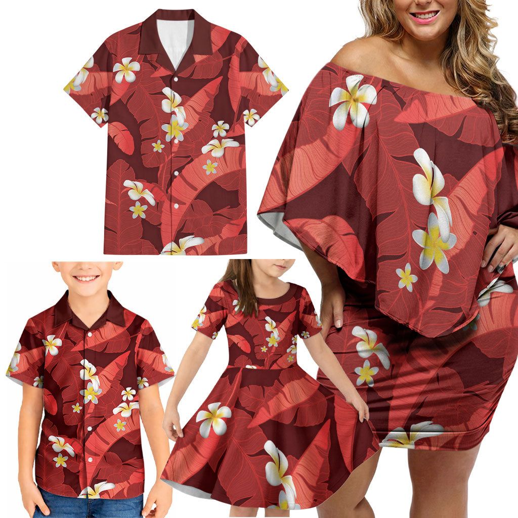 Red Banana Leaf Hawaii Family Matching Off Shoulder Short Dress and Hawaiian Shirt Lau Maia Plumeria Tropical Summer Vibes