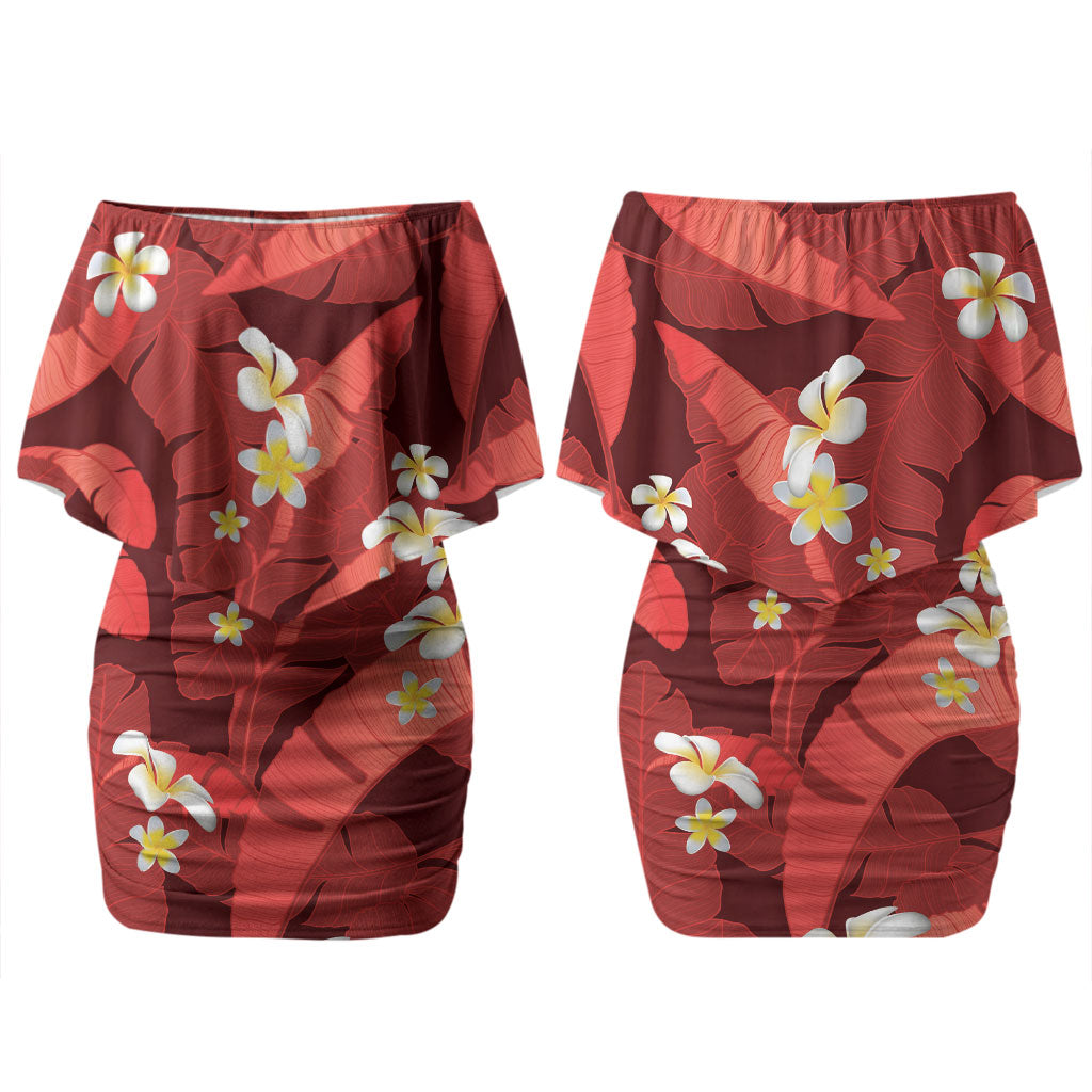 Red Banana Leaf Hawaii Family Matching Off Shoulder Short Dress and Hawaiian Shirt Lau Maia Plumeria Tropical Summer Vibes