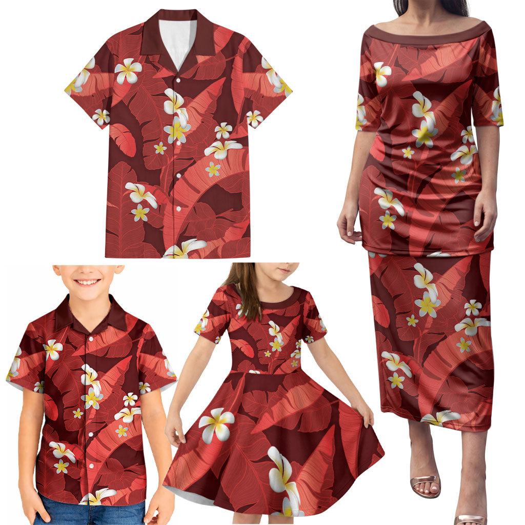 Red Banana Leaf Hawaii Family Matching Puletasi and Hawaiian Shirt Lau Maia Plumeria Tropical Summer Vibes