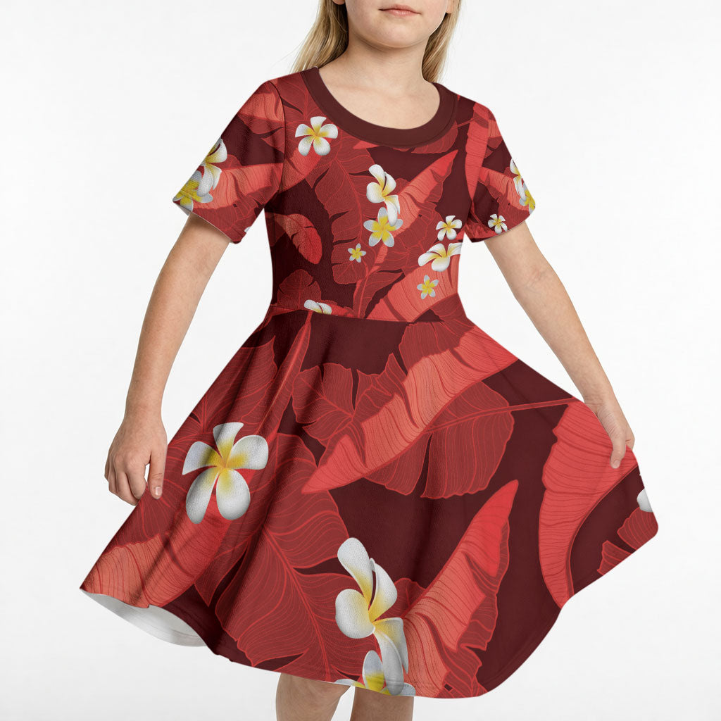 Red Banana Leaf Hawaii Kid Short Sleeve Dress Lau Maia Plumeria Tropical Summer Vibes