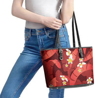 Red Banana Leaf Hawaii Leather Tote Bag Lau Maia Plumeria Tropical Summer Vibes