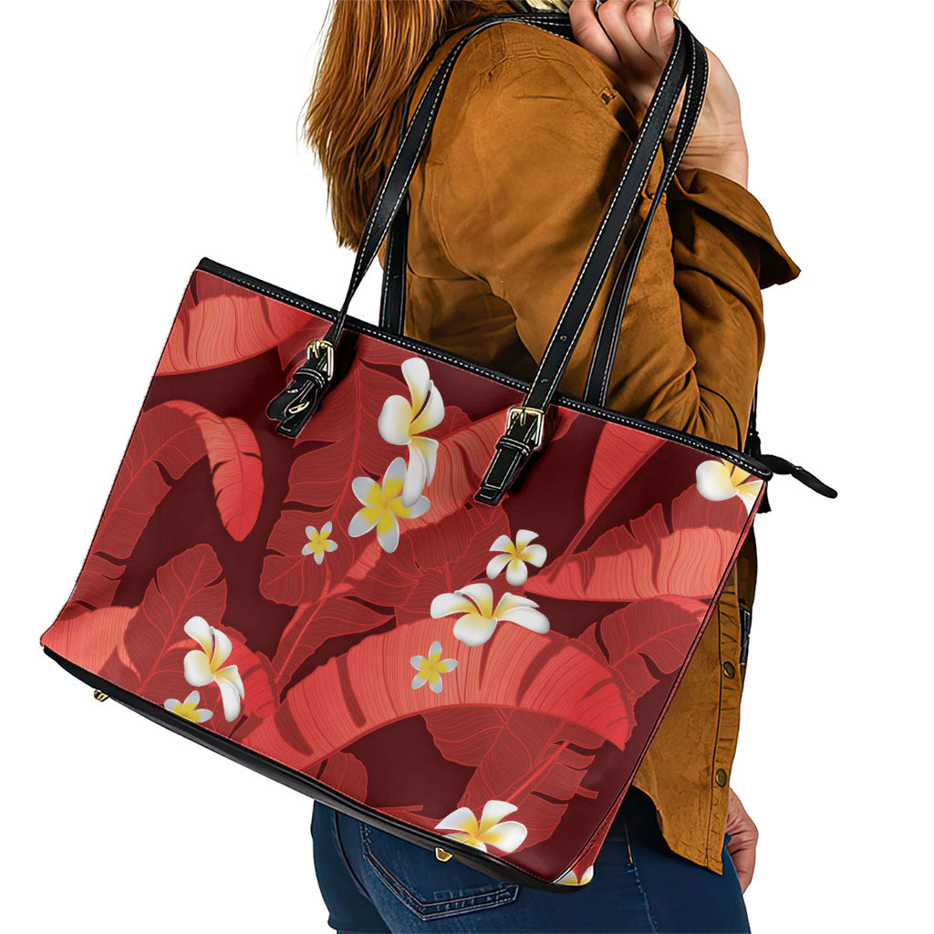 Red Banana Leaf Hawaii Leather Tote Bag Lau Maia Plumeria Tropical Summer Vibes