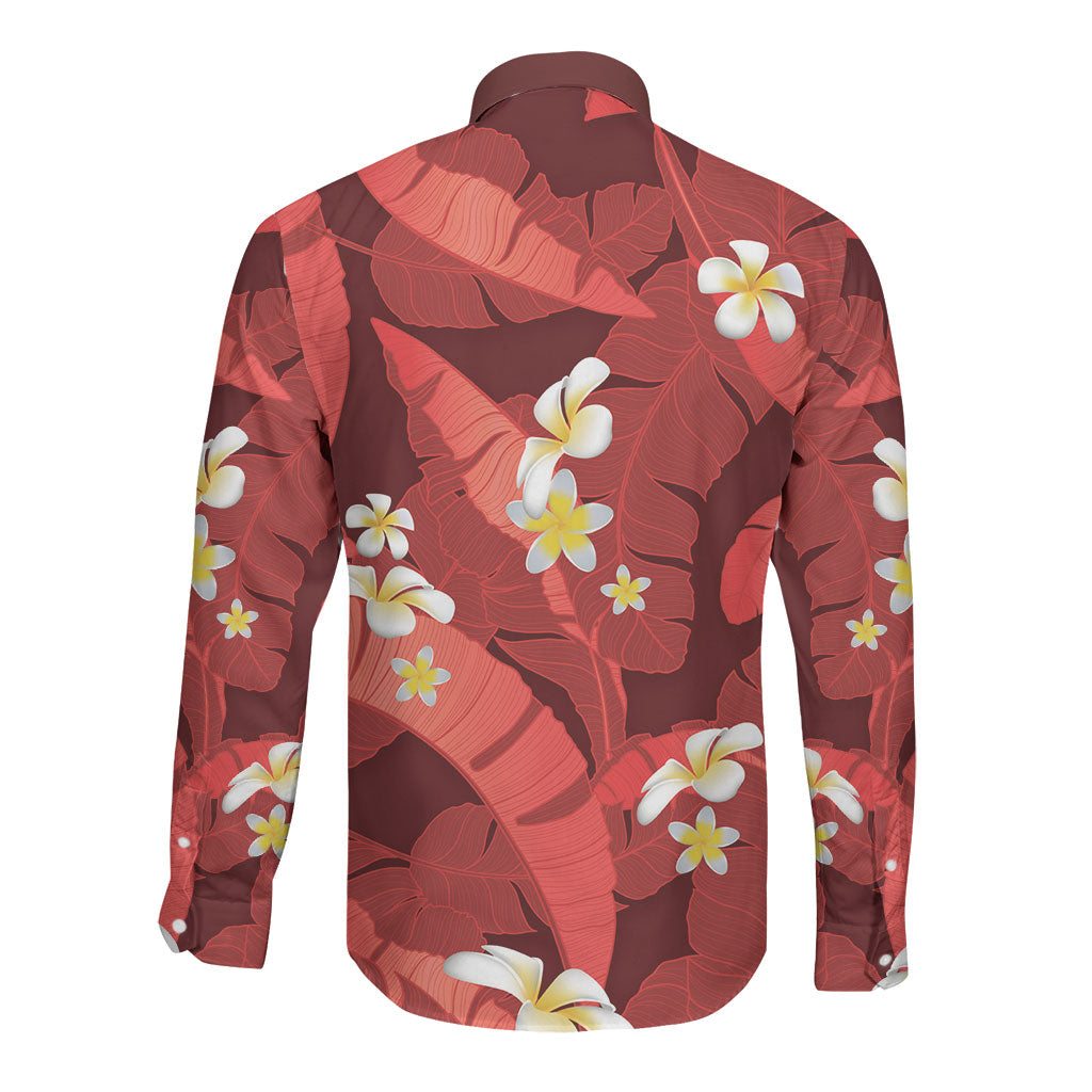 Red Banana Leaf Hawaii Long Sleeve Button Shirt Lau Maia Plumeria Tropical Summer Vibes