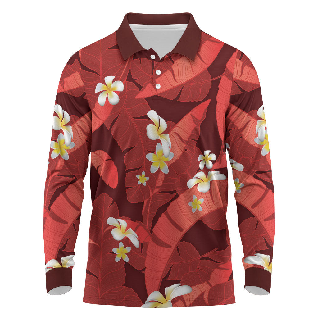 Red Banana Leaf Hawaii Long Sleeve Polo Shirt Lau Maia Plumeria Tropical Summer Vibes