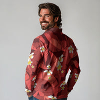 Red Banana Leaf Hawaii Long Sleeve Polo Shirt Lau Maia Plumeria Tropical Summer Vibes
