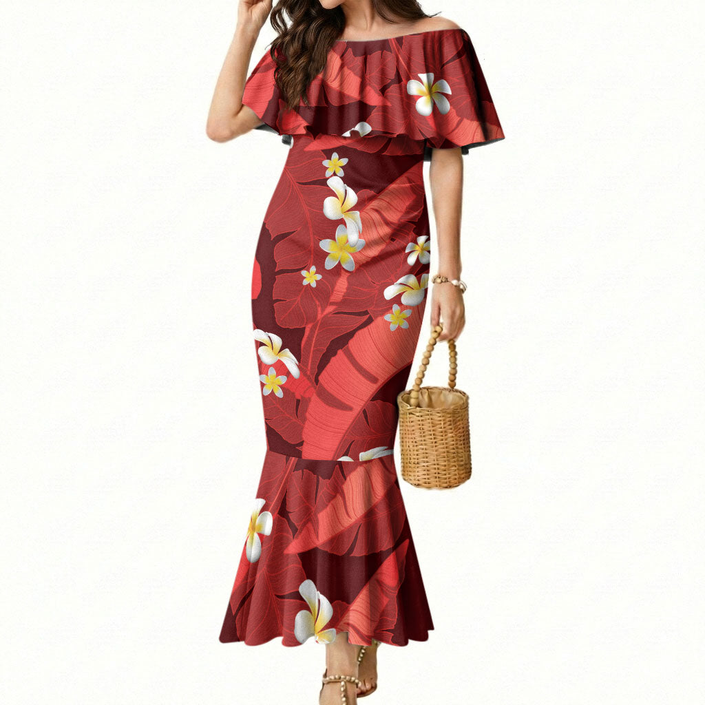 Red Banana Leaf Hawaii Mermaid Dress Lau Maia Plumeria Tropical Summer Vibes