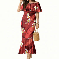 Red Banana Leaf Hawaii Mermaid Dress Lau Maia Plumeria Tropical Summer Vibes