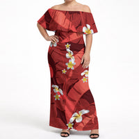 Red Banana Leaf Hawaii Off Shoulder Maxi Dress Lau Maia Plumeria Tropical Summer Vibes