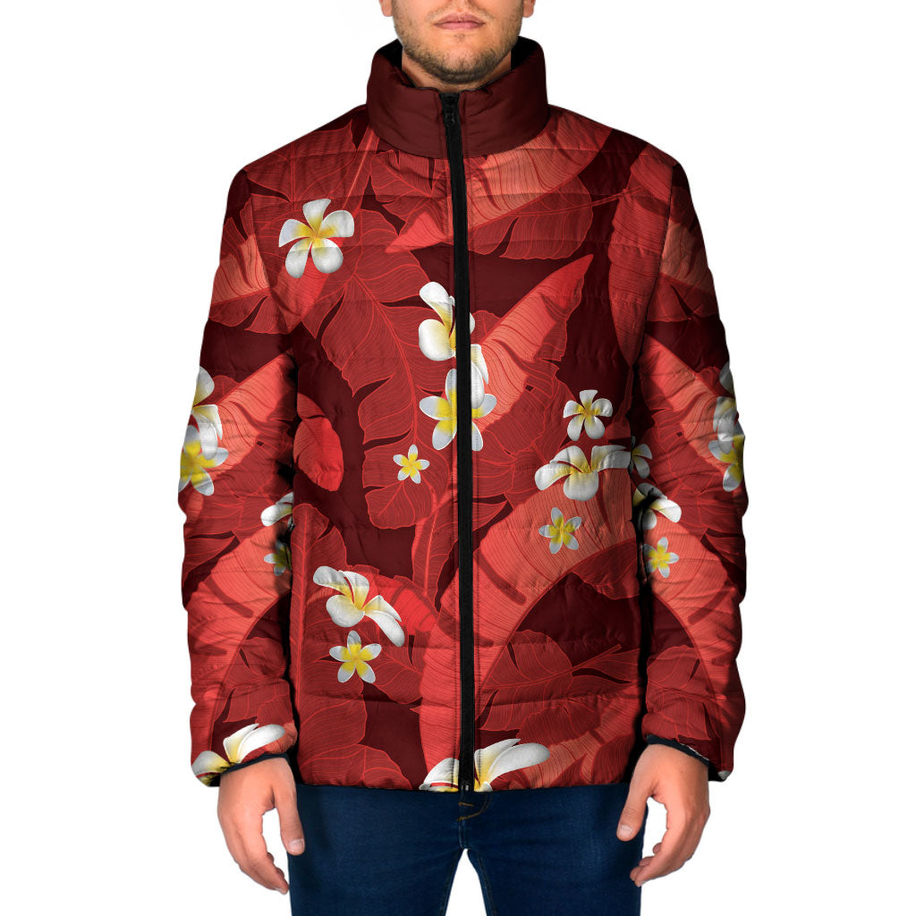 Red Banana Leaf Hawaii Padded Jacket Lau Maia Plumeria Tropical Summer Vibes