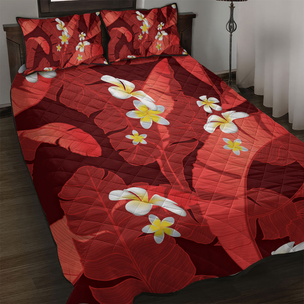 Red Banana Leaf Hawaii Quilt Bed Set Lau Maia Plumeria Tropical Summer Vibes