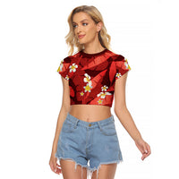 Red Banana Leaf Hawaii Raglan Cropped T Shirt Lau Maia Plumeria Tropical Summer Vibes