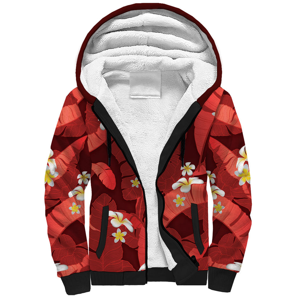 Red Banana Leaf Hawaii Sherpa Hoodie Lau Maia Plumeria Tropical Summer Vibes