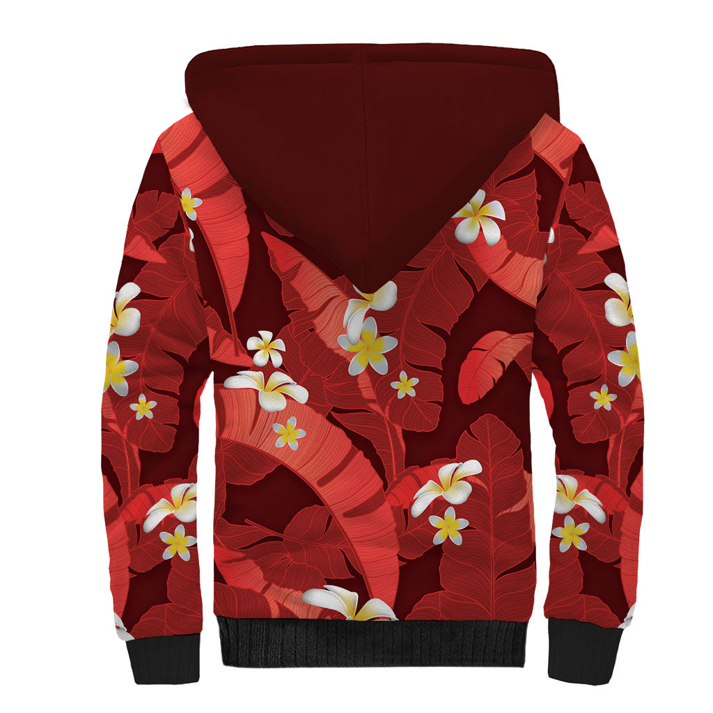 Red Banana Leaf Hawaii Sherpa Hoodie Lau Maia Plumeria Tropical Summer Vibes