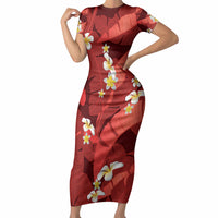 Red Banana Leaf Hawaii Short Sleeve Bodycon Dress Lau Maia Plumeria Tropical Summer Vibes