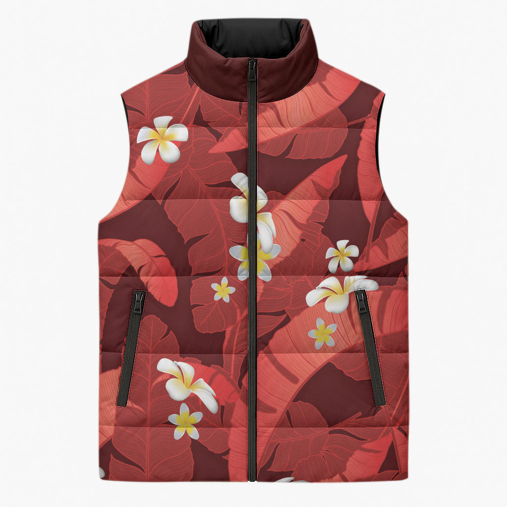 Red Banana Leaf Hawaii Sleeveless Puffer Jacket Lau Maia Plumeria Tropical Summer Vibes LT14 Unisex Red - Polynesian Pride