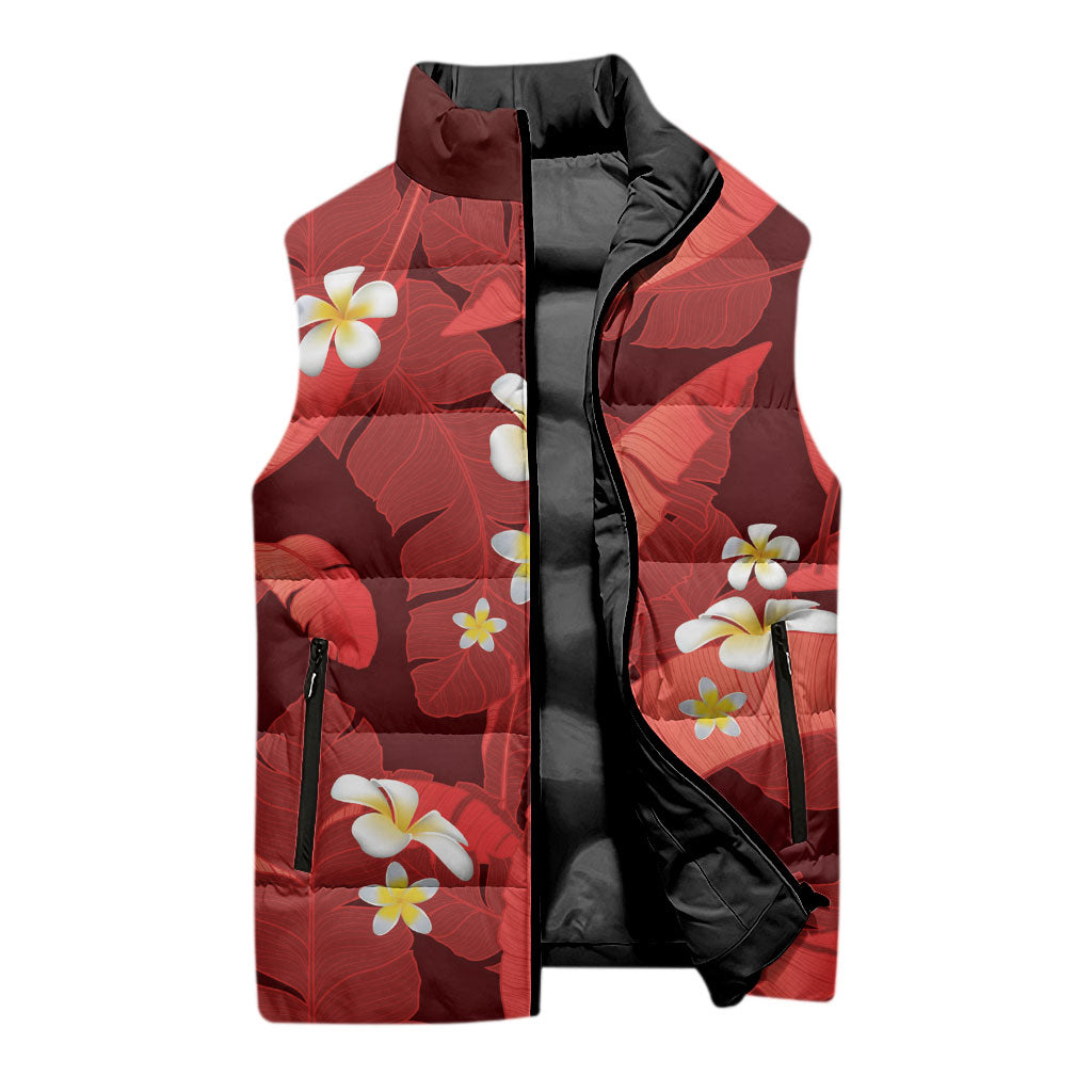 Red Banana Leaf Hawaii Sleeveless Puffer Jacket Lau Maia Plumeria Tropical Summer Vibes